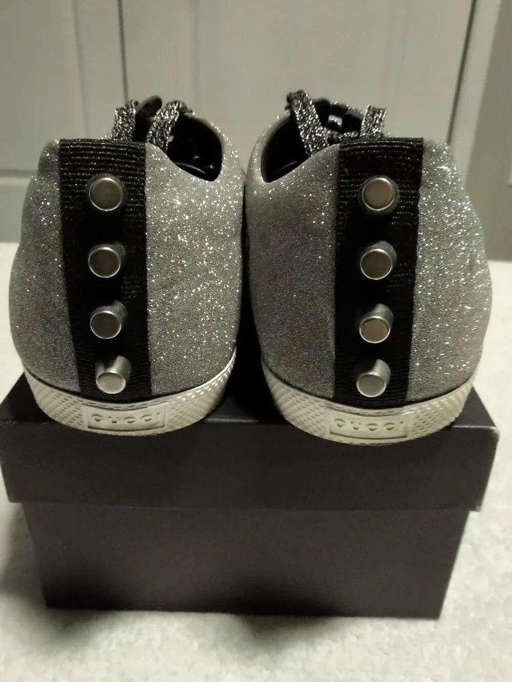 Authentic Gucci Bambi Silver Glitter Web Sneakers Size 8.5 Unisex (Fit Men 9.5)